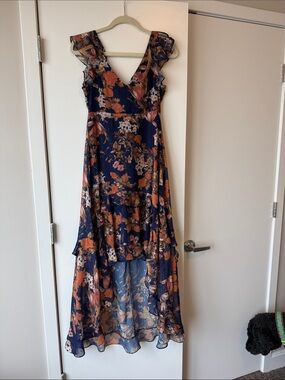 Lulu's Navy Floral High-Low Midi Dress with Rust & Cream Accents